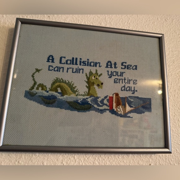 Framed Sea Collision Cross-Stitch Art - Picture 1 of 1